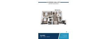 A floor plan of a two bedroom apartment with one bathroom at Hidden Valley Apartments.