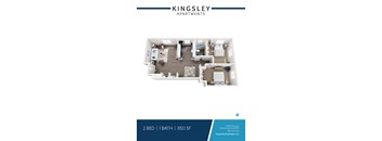A Kingsley Apartments floor plan shows a 2 bedroom apartment with 1 bath and a total area of 850 square feet.