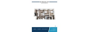 A Kingsley Apartments floor plan shows a 2 bedroom apartment with 1.5 bathrooms and a living area.