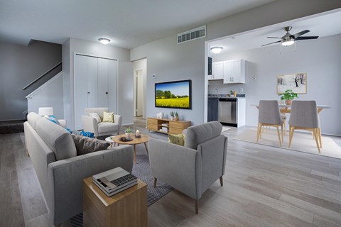 A living room with a grey couch, a coffee table, and a television.