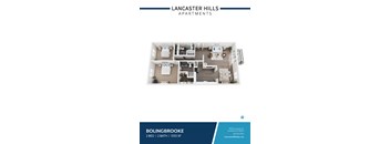 A blue and white flyer for Lancaster Hills Apartments shows a floor plan for a two bedroom, two bath apartment.