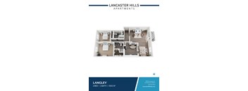 A blue and white image of a floor plan for a 2 bedroom, 2 bathroom apartment at Lancaster Hills Apartments.