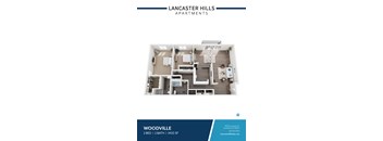 A blue and white image of a two bedroom apartment in Lancaster Hills.