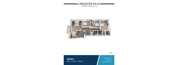 A floor plan of a 3 bedroom, 2 bathroom apartment at Lancaster Hills Apartments.