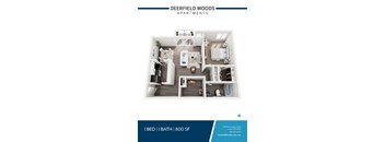 A blue and white advertisement for Deerfield Woods Apartments.
