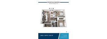 A blue and white advertisement for Deerfield Woods Apartments.