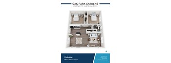 A floor plan of a 2 bedroom apartment with 1 bathroom and a living area.
