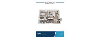 A floor plan of a one bedroom apartment with a bath at South Grove Apartments.