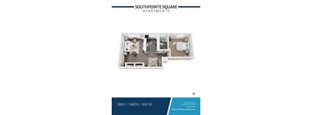 A floor plan of a one bedroom apartment with one bathroom at Southpointe Square Apartments.
