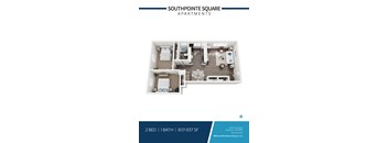 A floor plan of a 2 bedroom apartment with 1 bath at Southpointe Square Apartments.