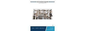 A floor plan of a 2 bedroom apartment with 1.5 bathrooms at Southpointe Square Apartments.