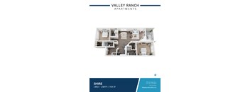A blue and white image of a floor plan for apartment living at Valley Ranch Apartments.