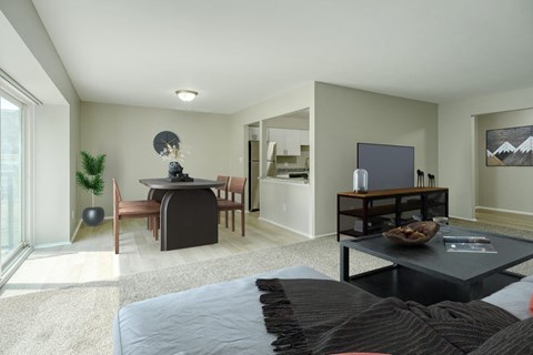A modern living room with a black couch and a television.