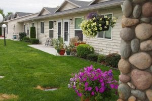 a house with a lawn and flowers in front of it