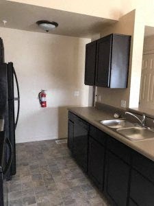 a kitchen with a sink refrigerator and a fire hydrant