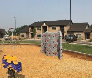 a large rock climbing wall in the middle of a yard