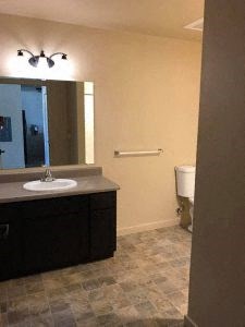 a bathroom with a sink toilet and mirror