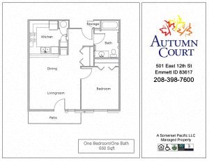 A floor plan for a one bedroom, one bath apartment at Autumn Court.