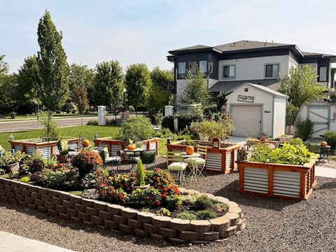 A garden with a circular flower bed in the middle of a gravel area.