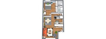 A floor plan of a house with a living room, kitchen, and dining area.