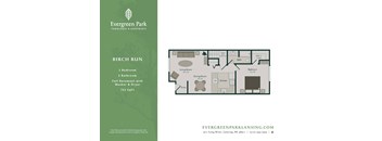 A floor plan for a property at Evergreen Park shows a living room, dining room, kitchen, and two bedrooms.