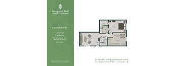 A floor plan for a property at Evergreen Park shows a one bedroom apartment with a full basement.