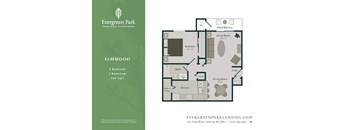 A floor plan for a property at Evergreen Park shows a living room, dining room, kitchen, and two bedrooms.