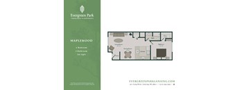 A floor plan for a 1 bedroom, 1 bathroom apartment at Evergreen Park Townhomes & Apartments.