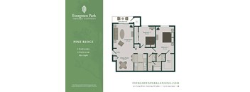 A floor plan for a property at Evergreen Park shows a layout with two bedrooms, a living room, a dining room, a kitchen, and a bathroom.