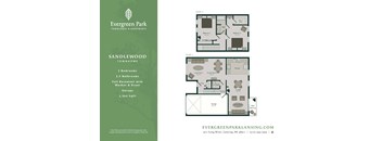 A floor plan for a townhome at Evergreen Park shows two bedrooms and two bathrooms.