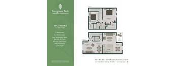 A floor plan for a townhome at Evergreen Park shows two bedrooms and a living room.