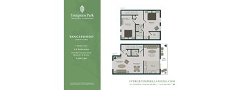 A floor plan for a townhome with two bedrooms and 1.5 bathrooms at Evergreen Park.