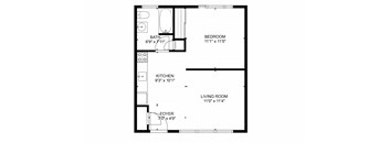 A floor plan of a small apartment with a living room, bedroom, and kitchen.