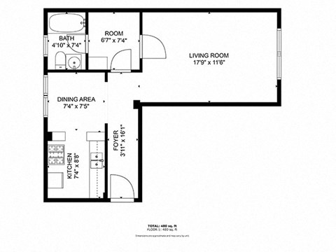 A black and white image of a floor plan for a small apartment.