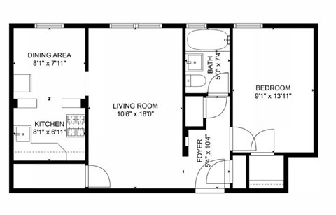 A black and white image of a floor plan for a house with a living room, dining area, kitchen, and bedroom.