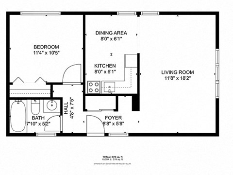 A black and white image of a floor plan for a small apartment.