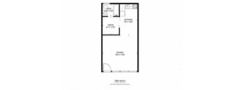 A floor plan of a studio apartment with a kitchen, bath, and room.