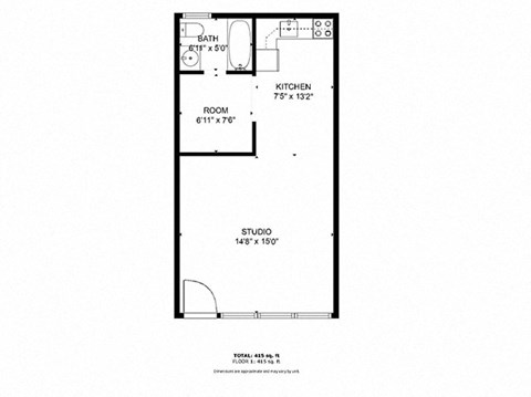 A floor plan of a studio apartment with a kitchen, bath, and room.