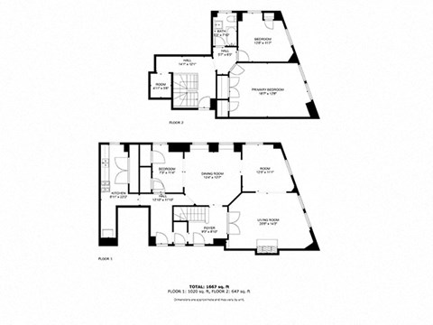 A black and white image of a floor plan for a two-story building.