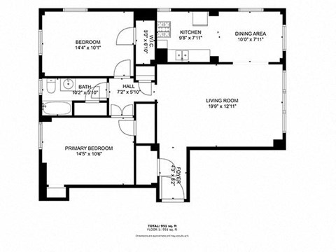 A black and white image of a floor plan for a home with a total area of 939 square feet.