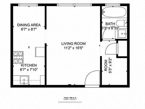 A black and white image of a floor plan for a 300 square foot home.