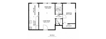 A floor plan of a small apartment with a living room, dining area, kitchen, and bathroom.