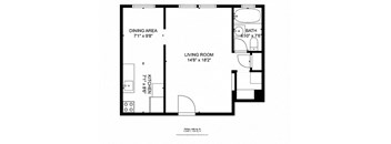A black and white image of a floor plan for a living space.