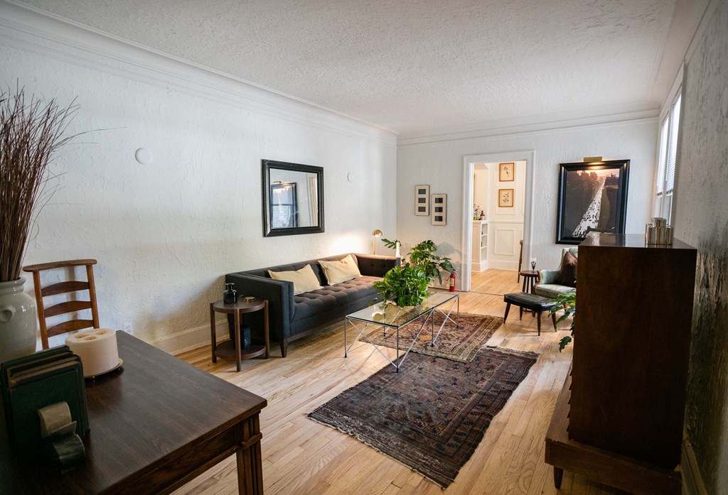 A living room with a couch, a chair, a table, and a rug.
