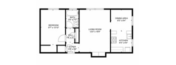 A floor plan of a house with a bedroom, living room, dining area, kitchen and foyer.