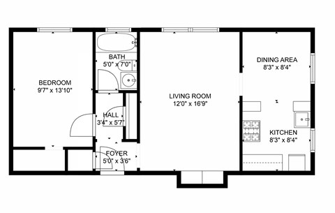 A floor plan of a house with a bedroom, living room, dining area, kitchen and foyer.