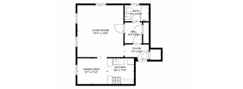 A floor plan of a house with a living room, dining area, kitchen, foyer, and bathroom.