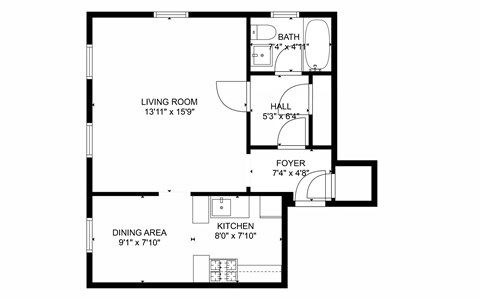 A floor plan of a house with a living room, dining area, kitchen, foyer, and bathroom.