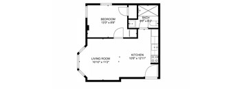 A black and white image of a floor plan for a small apartment.