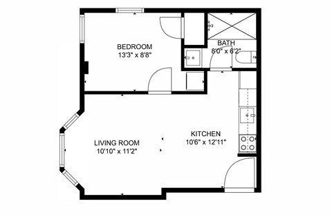 A black and white image of a floor plan for a small apartment.